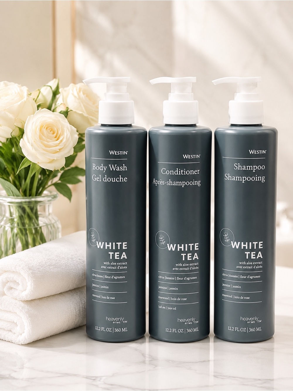 NEW WESTIN WHITE TEA SHAMPOO, CONDITIONER AND SHOWER GEL FULL SIZE SET